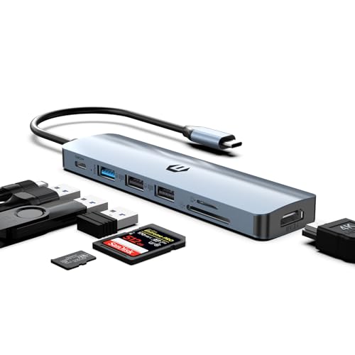 USB C HUB, 7 in 1 USB Docking Station, Supports 4K HDMI, 100W Power Delivery, USB 3.0 Ports, Twin USB 2.0 Ports, SD/TF Card Reader, Compatible with iMac, Surface, XPS, Thinkpad, Galaxy