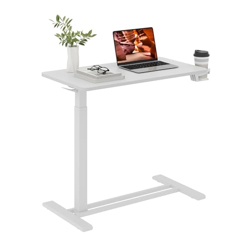 32''Large Medical Overbed Bedside Table with Wheels,Rolling Table | 31.5''x17.7'' White Table Top + White Edging Wood Grain Pneumatic Tilting Desktop,Overbed Table for Hospital Use - color: White+white, size: Large