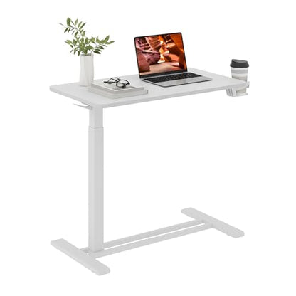 32''Large Medical Overbed Bedside Table with Wheels,Rolling Table | 31.5''x17.7'' White Table Top + White Edging Wood Grain Pneumatic Tilting Desktop,Overbed Table for Hospital Use - color: White+white, size: Large