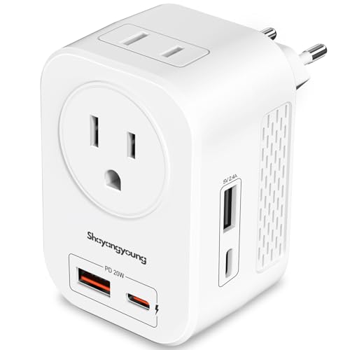 220 to 110 Voltage Converter US to Europe, Power Converter for Europe,Converter for European Travel with 20W PD,2 Type-C Port 2 USB-A,Power Plug Combo for Germ Italy Spain Greece-White - color: White
