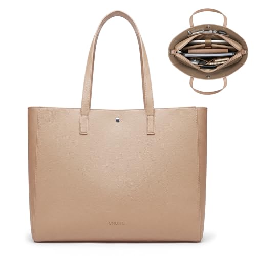 CHUNLI Laptop Tote Bag for Women 15.6 Inch, Quilted Work Shoulder Bag with Multiple Pockets & Luggage Strap for Office Travel - color: Nude