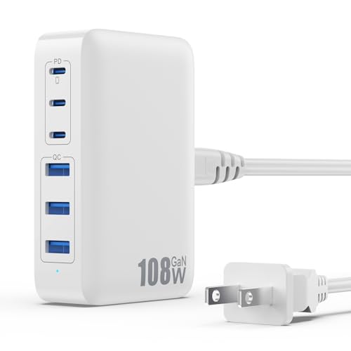 USB C Charger Block Charging Station,108W GaN III 6 Port 3xQC+3xPD Wall Charger Adapter Plug Cube,Super Fast Type C Charging Hub Box for iPhone 17 16 15 14 13 Pro Max iPad Samsung Pixel 5ft Cord-White - color: A-White, size: 108W