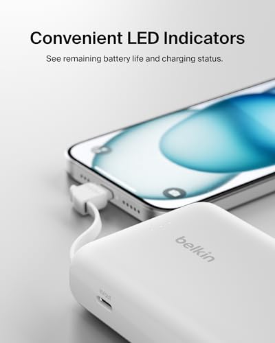 Belkin 10000mAh 20W USB C Power Bank, Portable Charger for iPhone & iPad | Fast Charging, Integrated USB C Cable, Eatra USB C Port, iPhone 17, iPad, Samsung Galaxy S26, Charge 2 Devices - color: White, style: 10K mAh