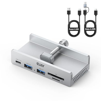 EJAY Clamp USB Hub 5-in-1 USB C Hub 59" Cable for iMac & PC | | Aluminum | Mountable Splitter | Desktop Edge Fixed Hub | Home Office Setup - color: Silver