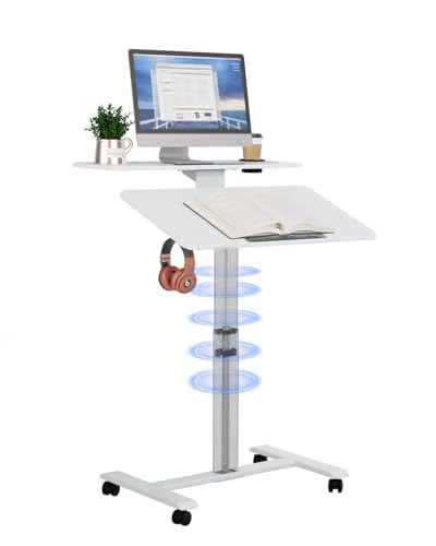 Pneumatic Standing Desk with Wheels - Adjustable Height 28" - 46" & 0-90° Tilt, 31.5" x 17.7" Skin-Feel Desktop, Rolling Computer Desk for Home Office, Hospital, School (White) - color: White