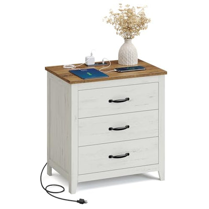 VASAGLE LIRY Collection - Farmhouse Nightstand with Charging Station, Bedside Table, Side End Table with 3 Drawers, for Bedroom, Rustic White and Honey Brown ULET679W01 - color: Rustic White + Honey Brown, size: 1 PACK, style: 23.6"W x 24.8"H With 3 Drawe