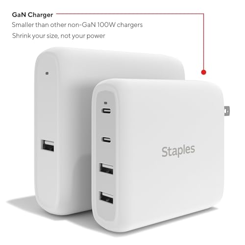 Staples TECH GaN 100W USB‑C & USB‑A Wall Charger – Fast PD Charging, Dual‑Port Power Adapter with Cable, Compact GaN Charger for MacBook, iPhone, Samsung & USB‑C Laptops - style: 100 Watt