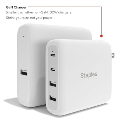 Staples TECH GaN 100W USB‑C & USB‑A Wall Charger – Fast PD Charging, Dual‑Port Power Adapter with Cable, Compact GaN Charger for MacBook, iPhone, Samsung & USB‑C Laptops - style: 100 Watt