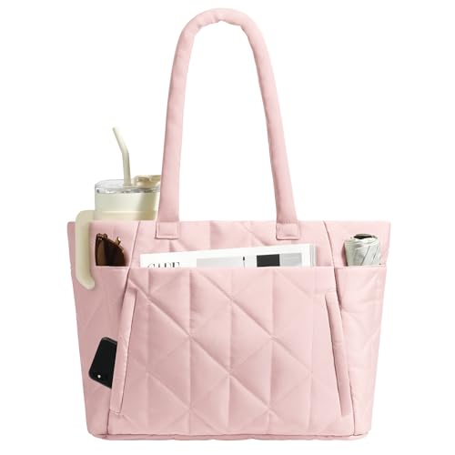 CHUNLI Laptop Tote Bag for Women 15.6 Inch, Quilted Work Shoulder Bag with Multiple Pockets & Luggage Strap for Office Travel - color: Pink