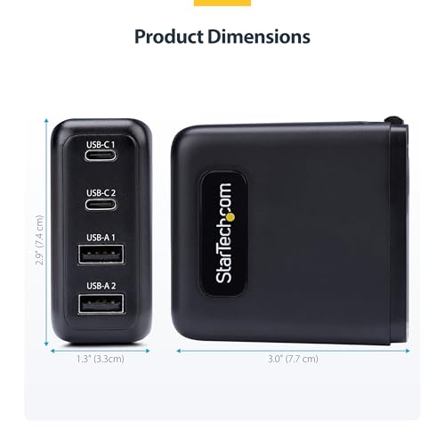 StarTech 100W GaN USB-C Wall Charger, Power Adapter for MacBook Pro/Air | Dell XPS, iPhone 15/Pro, iPad Pro, 2x USB-C/2x USB-A, Fast Charging Portable GaN Charger