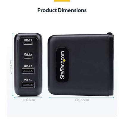 StarTech 100W GaN USB-C Wall Charger, Power Adapter for MacBook Pro/Air | Dell XPS, iPhone 15/Pro, iPad Pro, 2x USB-C/2x USB-A, Fast Charging Portable GaN Charger