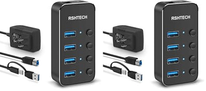 RSHTECH 4 Port Powered USB 3.0/USB C Hub Upgraded Version with 2-in-1 3.3ft USB Cable,5V Power Adapter and Individual Switches, Portable Aluminum USB Splitter for Laptop and PC, RSH-ST04 (Pack of 2) - size: 4-Port USB 3.0/USB C Hub (Pack of 2)