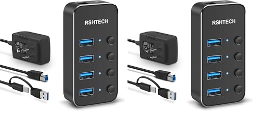 RSHTECH 4 Port Powered USB 3.0/USB C Hub Upgraded Version with 2-in-1 3.3ft USB Cable,5V Power Adapter and Individual Switches, Portable Aluminum USB Splitter for Laptop and PC, RSH-ST04 (Pack of 2) - size: 4-Port USB 3.0/USB C Hub (Pack of 2)