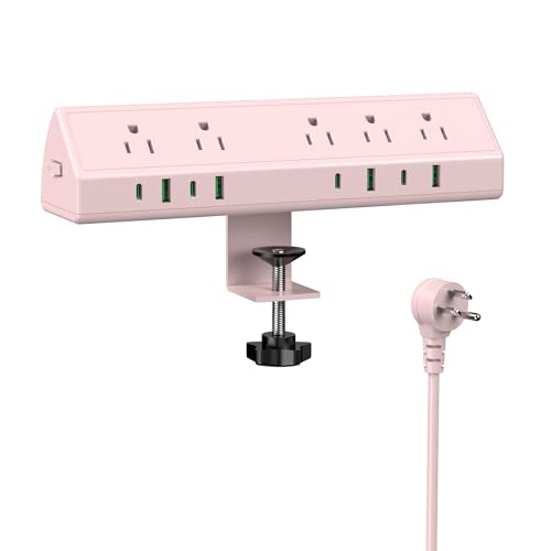 Jgstkcity Desk Clamp Power Strip USB C 45W,8 USB,10FT,Purple | Surge Protector 1200J,Fit 1.96'' Tabletop Edge Mount,1875W Extension Cord,15A Switch,ETL Listed,Office,Gaming,Dorm - color: Pink, size: 10 FT