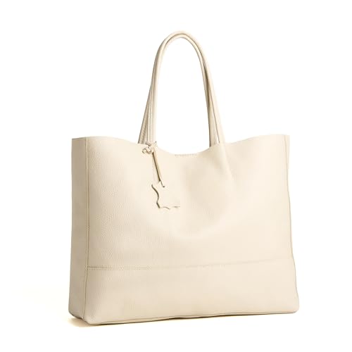 Italian Leather Tote Bag for Women - Large Shoulder Shopper, Fits 16” Laptop, Keychain Holder, Made in Italy - color: Ivory