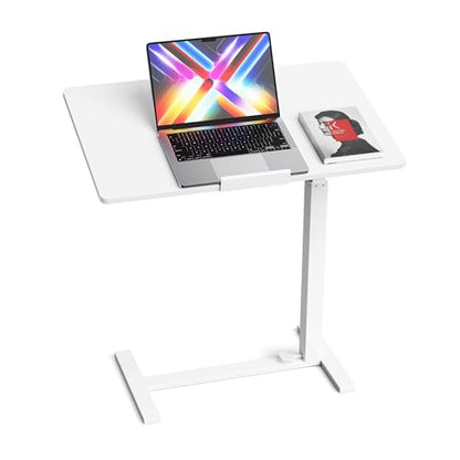 Mobile Standing Desk Adjustable Overbed Table, Pneumatic Height Adjustable Rolling Laptop Desk with Hidden Wheels, 0-180°Tilt Top Rolling Computer Cart Foldable for Home Office, Craft & Study, White