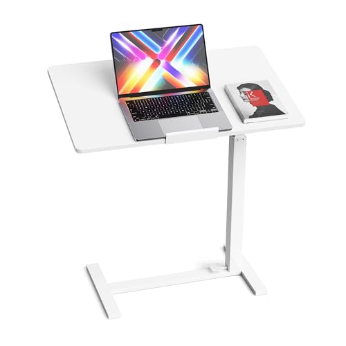 Mobile Standing Desk Adjustable Overbed Table, Pneumatic Height Adjustable Rolling Laptop Desk with Hidden Wheels, 0-180°Tilt Top Rolling Computer Cart Foldable for Home Office, Craft & Study, White