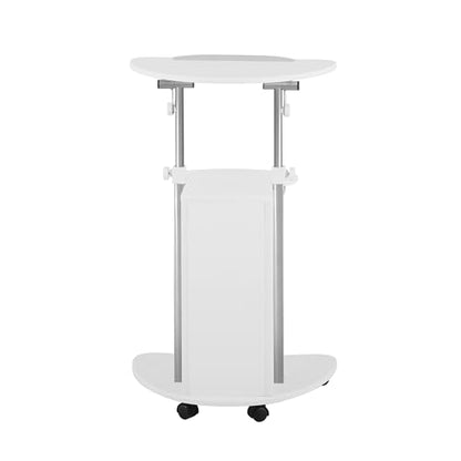 Techni Mobili Adjustable Height Rolling Laptop Cart with Storage, White | Adjustable height rolling laptop cart with storage, open shelf, wheels, sit‑to‑stand ideal for podium office medical use - color: White