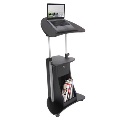 Scranton & Co Sit-to-Stand Rolling Laptop Cart, Adjustable Height 31.5-45.5 in, Black MDF and Steel with Storage Compartments, Tilting Panel, Locking Casters, Mobile Office or Classroom Desk