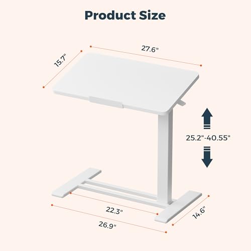 28''Pneumatic Overbed 50°Tilting Bedside Table,Small Standing Desk | 27.6" W x 15.7" D, White Rolling Bedside Table,Hospital BedTable,Medical Bedside Table,Overbed Table with Wheels,Mobile Desk - color: White, size: 2816