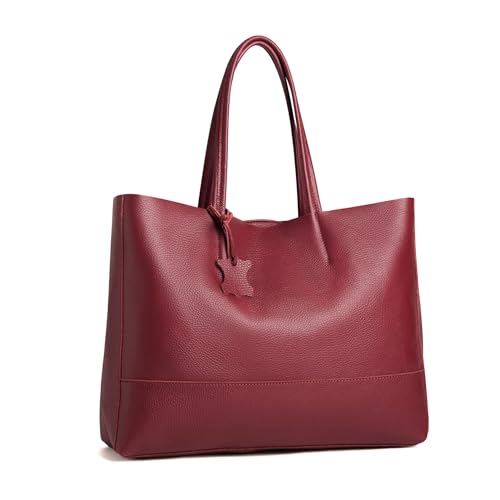 Italian Leather Tote Bag for Women - Large Shoulder Shopper, Fits 16” Laptop, Keychain Holder, Made in Italy - color: Burgundy