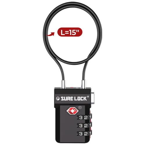 SURE LOCK TSA Approved Luggage Locks with Open Alert Indicator, 3 Digit Combination Cable Travel Lock for Suitcase, Backpack, Gym Locker, Toolbox, Carry On & Travel Bag - color: EXTRA LONG CABLE