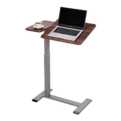 Pneumatic Overbed Table with Wheels, Height Adjustable Bedside Table with Ultra-Low Base for Hospital & Home, Rolling Laptop Cart with Walnut Finish - color: Walnut