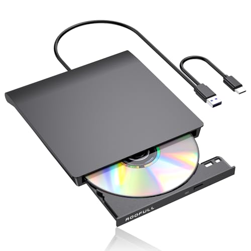 ROOFULL External CD DVD Drive for Laptop USB 3.0 Type-C, Ultra Slim | Portable CD DVD Player Burner Reader Writer with Power Supply Cord for MacBook Desktop PC Windows 11/10/7 Linux Mac OS - style: 2 in 1 Drive (Slim)