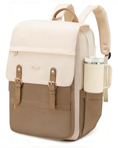 LOVEVOOK Laptop Backpack for Women, 15.6 Inch Vintage Travel Backpack Purse – Airline Approved Large Computer Bag, Lightweight for Nurse Teacher - color: Beige & Coffee, size: 15.6 Inch