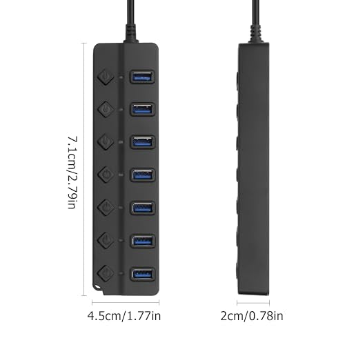 90 Degree USB Hub Splitter YACSEJAO USB 2.0 Data Hub with Individual LED Button On/Off Switch DC5.5 * 2.1 Power Port for Laptop,PC Computer (7 Ports, 1M) - size: 1M, style: 7 Ports