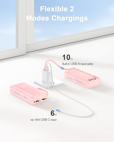 Portable Charger 27000mAh 30W Fast Charging Power Bank | Built-in Cables, LED Display, 6 Outputs & 2 Inputs, USB C Battery Pack, Compatible with iPhone, Samsung, Google - color: Pink, size: 27000Mah
