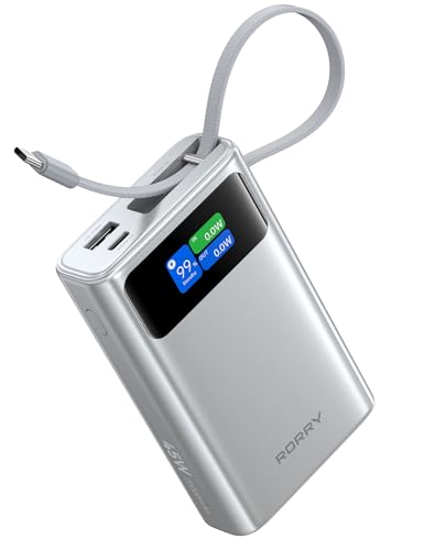 RORRY 45W Portable Charger, 20000mAh Power Bank, iPhone Battery Pack | Fast Charging, Extended Built-in USB C Cable, Smart Display, For iPhone 17/16/15, Galaxy, Pixel, iPad, Travel Essential - color: Sliver