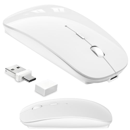 Wireless Mouse for MacBook & iPad, Bluetooth 5.2/3.0 & 2.4G USB-C/USB-A, Rechargeable Silent Slim Mouse with Multi-Device Switching & Activity Mode to Prevent Screen Lock - White - color: White
