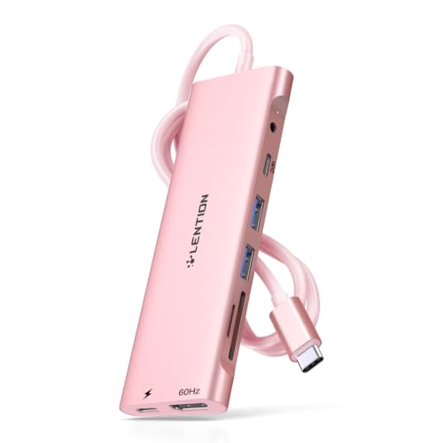 LENTION 3.3FT Long Cable USB C Hub, 4K HDMI, 100W PD, A&C, Card Reader, Aux | USB 3.0 2A & 1C Stable Driver Adapter, for macOS, iOS/iPadOS, Windows & ChromeOS (C37-1M, Rose Gold) - color: Rose Gold, size: 8 Ports Long
