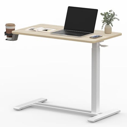 SANODESK 32''Pneumatic Adjustable Overbed Bedside Table with Hidden Casters | Medical Mobile Side End Table Laptop Computer Standing Desk Cart with Tray, Hospital and Home Use,31.5"W x 17.7"D,Wood Grain - color: Wood Grain, size: Large