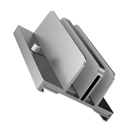 Aluminum Alloy Vertical Laptop Stand with Adjustable Dual Slots, Notebook Mount Base for Space-Saving Desk Organization, Gray Tablet Vertical Holder for Office and Home Use