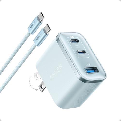 Anker Nano 70W Max 3-Port Fast Charger USB C, Type C Charger Fast Charging | Compact and Stylish USB C Charger Block, for iPhone 17/17 Pro Max/16 Series, MacBook Pro, iPad (Black, Cable Included) - color: Blue