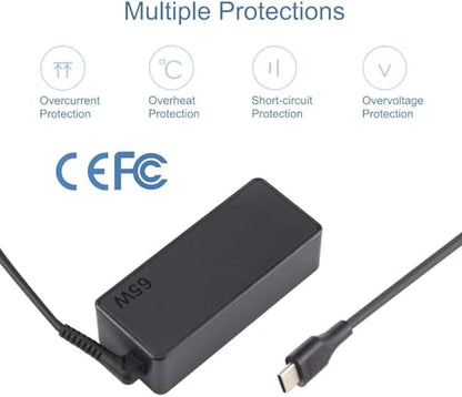 USB C 65W Laptop Charger Compatible with Lenovo Thinkpad X1 X13 T14 T15 T480s T580s ADLX65YDC2A ADLX65YLC2D Yoga 7i 9i C930 C940 Chromebook C330 S330 100e 300e 65W Laptop Power Supply Adapter Cord