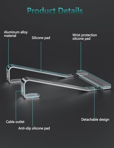 JCZT Aluminum Laptop Stand, Notebook Stand with Wrist Rest, Ergonomic Detachable Laptop Mount, Computer Stand Compatible with 10-17'' All Laptops Such as MacBook Air Pro/HP/Dell/Lenovo, Silver - color: Silver