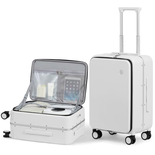 mixi 20 Inch Carry On Luggage 22x14x9 Airline Approved PC Hard Shell Suitcase Top Opening Aluminum Frame Travel Suitcases with Wheels, Smoke White - color: Smoke White, size: 20 inch
