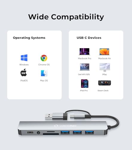 7 in 1 USB C Hub with USB 3.0 Splitter, 4 USB Ports & SD/TF Card Reader | Compatible with MacBook, iPad Pro, Dell, HP Laptops, Audio Output, Plug and Play, No Driver Needed, Aluminum Alloy Housing - color: Compatible for Apple, grey