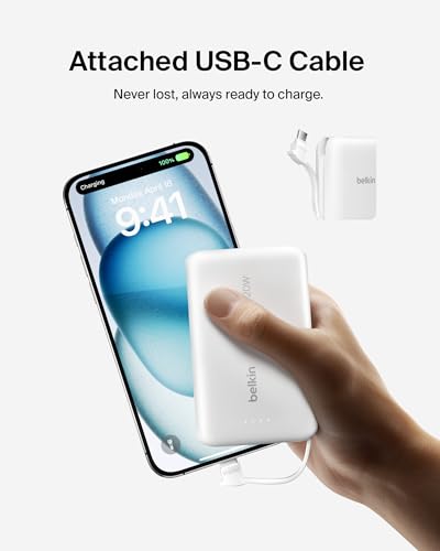 Belkin 10000mAh 20W USB C Power Bank, Portable Charger for iPhone & iPad | Fast Charging, Integrated USB C Cable, Eatra USB C Port, iPhone 17, iPad, Samsung Galaxy S26, Charge 2 Devices - color: White, style: 10K mAh