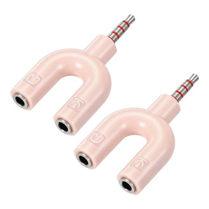 MECCANIXITY 2Pcs Headset Mic Splitter Adapter, 3.5mm Male to Dual Female Y Splitter Microphone and Audio Jack Adapters for PC Laptop Smartphone, Pink - color: Pink