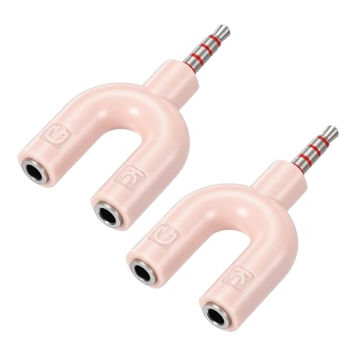 MECCANIXITY 2Pcs Headset Mic Splitter Adapter, 3.5mm Male to Dual Female Y Splitter Microphone and Audio Jack Adapters for PC Laptop Smartphone, Pink - color: Pink