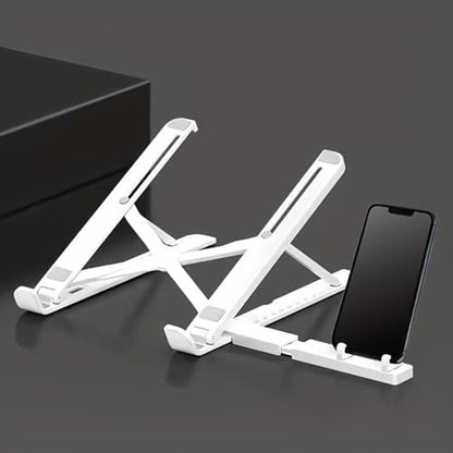 Portable Laptop Stand with Phone Holder, Adjustable Foldable Computer Riser for Desk, Lightweight Ergonomic Tablet Mount for 10-15.6", White