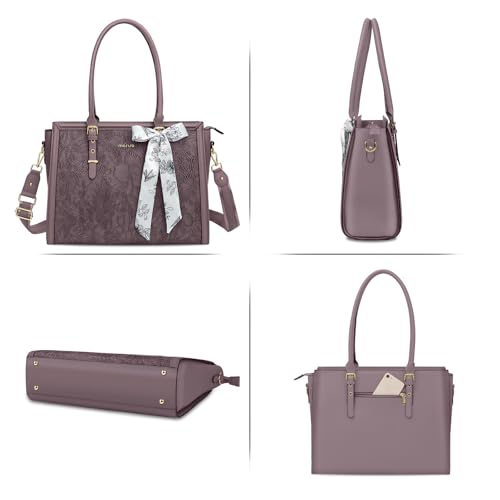 MOSISO Laptop Bag for Women, 15.6-16 inch PU Leather Tote Bag | Compatible with MacBook, HP,Dell,Asus, Front Embossed Retro Hibiscus Computer Bags with Silk Scarf&Clutch Purse, Slate Purple - color: Slate Purple, size: 16 inch