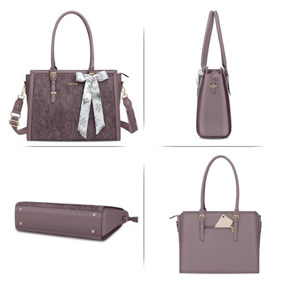 MOSISO Laptop Bag for Women, 15.6-16 inch PU Leather Tote Bag | Compatible with MacBook, HP,Dell,Asus, Front Embossed Retro Hibiscus Computer Bags with Silk Scarf&Clutch Purse, Slate Purple - color: Slate Purple, size: 16 inch