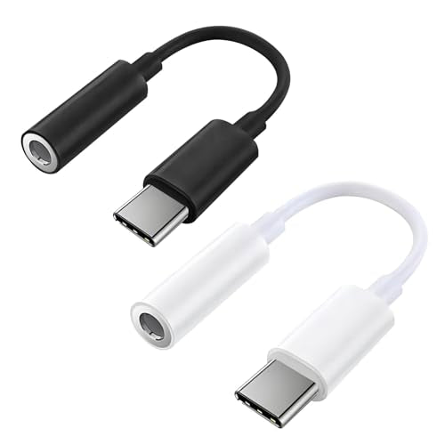 QAJOPFN 2 Pack USB C to 3.5mm Headphone Jack Adapter, Hi-Fi DAC Audio Converter with Microphone, Compatible with iPhone 15/Pro, Samsung Galaxy, iPad Pro, MacBook, Pixel, Black & White