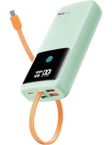 Portable Laptop Charger 24000mAh 65W w/USB C Built-in Cable Green | 65W Fast charging, LED display, Charge 4 devices at once, Pass through, TSA approved, Compatible with Macbook/Notebook/iPhone - color: Green