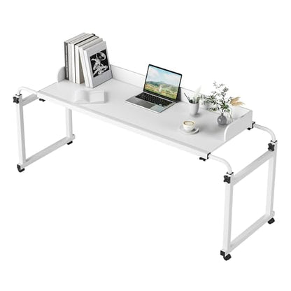 Adjustable Height Overbed Table, Rolling Overbed Bedside Desk with Raised Baffle and Spacious Desktop, Over BedTable with Wheels for Home Office Bedroom Hospital Use (White) - color: White